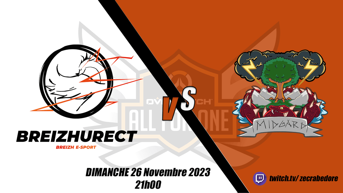 Les <a href="/EmcMidgard/">EMC Midgard</a> seront nos premiers adversaires de
<a href="/PlayAllForOneFR/">Overwatch AllForOne France</a> ! 
Rendez-vous dimanche 21h00 sur la chaine twitch de notre manager zecrabedoré pour suivre ce match qui s'annonce explosif !  

#forthephoenix #BREIZHWIN

Twitch : twitch.tv/zecrabedore