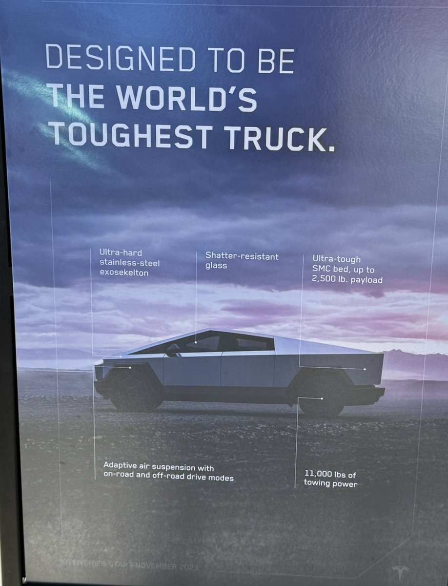 SawyerMerritt's tweet image. BREAKING: Tesla in a new advertisement at their San Diego store says the Cybertruck has an SMC (sheet molded composite) bed, 11,000lb tow rating, and 2,500lb payload rating.

"Designed to be the world's toughest truck."