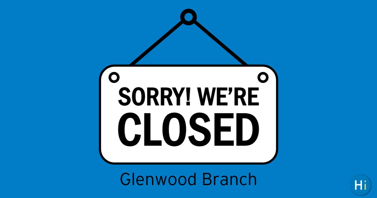 ‼️ The Glenwood Branch is currently closed due to facilities issues. HCLS anticipates reopening the branch at 2 pm today (November 20).