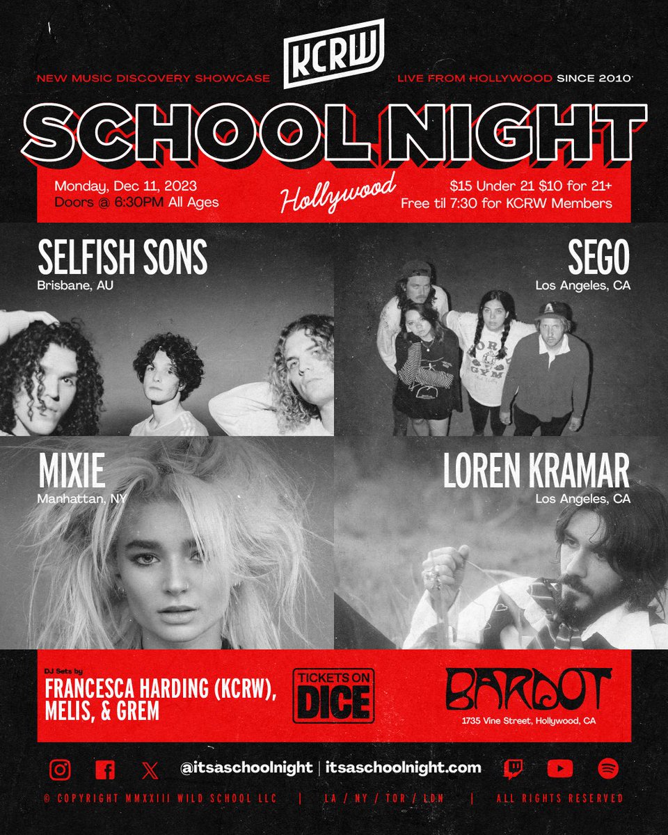 School Night (@itsaschoolnight) on Twitter photo LA, it’s going down Mon, 12/11 at <a href="/Bardot_Hllywd/">Bardot</a> 🌟 Join KCRW & School Night for live performances by <a href="/SelfishSons/">Selfish Sons</a>, <a href="/segomusic/">Sego</a>, <a href="/MIXIEOFFICIAL/">MIXIE</a>, and <a href="/lorenkramar/">Loren Kramar</a>! Plus DJ sets by <a href="/francescaspins/">Francesca Harding</a>, Melis, and Grem 🎧 Secure your tickets here: link.dice.fm/gb29eb174f7e LA, it’s going down Mon, 12/11 at <a href="/Bardot_Hllywd/">Bardot</a> 🌟 Join KCRW & School Night for live performances by <a href="/SelfishSons/">Selfish Sons</a>, <a href="/segomusic/">Sego</a>, <a href="/MIXIEOFFICIAL/">MIXIE</a>, and <a href="/lorenkramar/">Loren Kramar</a>! Plus DJ sets by <a href="/francescaspins/">Francesca Harding</a>, Melis, and Grem 🎧 Secure your tickets here: link.dice.fm/gb29eb174f7e
