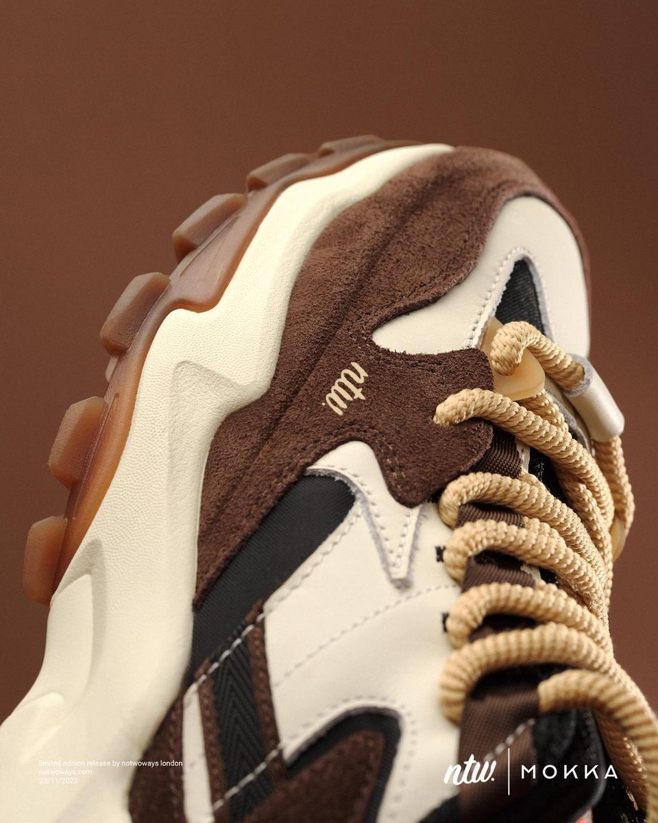 accident🤝 sneaker of the season. mokka: born from a coffee spill on our model 1 ‘syzygy’. featuring autumnal accents and a signature chunky sole unit. £110, live 23.11 @notwoways see you then: notwoways.com/products/mokka