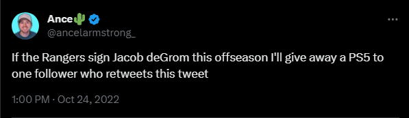 Last offseason I manifested deGrom to the Rangers now... it's time for Ohtani..

if Shohei Ohtani signs with the Rangers this offseason. I'll give one follower who retweets this tweet a PS5/Xbox