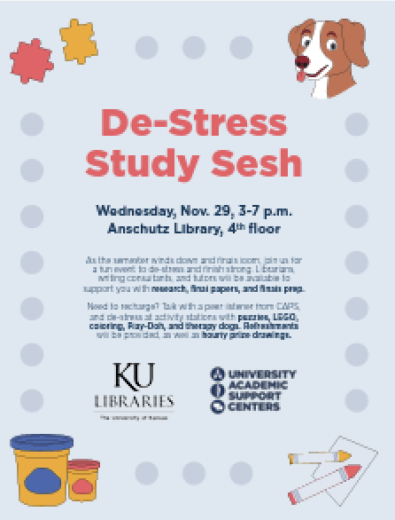 KU_UASC's tweet photo. Feeling stressed about finals? Attend our UASC upcoming de-stress study session on November 29 from 3:00-7:00 pm on Anschutz Library 4th Floor. This fun event will take your mind off of finals and allow you to have fun! See you there, Jayhawks! https://t.co/pV1aWQCpGM
