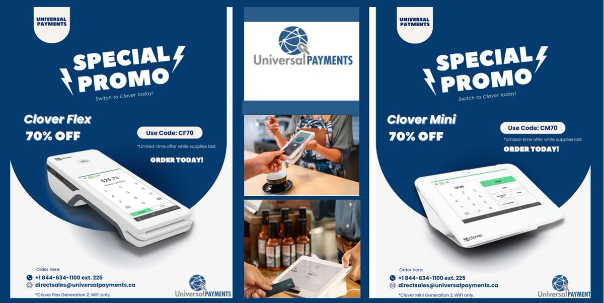 UniversalPay_'s tweet photo. UNIVERSAL PAYMENTS
CLOVER POINT-OF-SALE: SPECIAL PROMOS WITH 70% OFF!

LIMITED TIME OFFER! While Quantities Last
CLOVER FLEX &amp; CLOVER MINI

USE PROMO CODES: CF70 for Clover Flex &amp; CM70 for Clover Mini

For Sales, contact: 844-634-1100 ext. 225/or directsales@universalpayments.ca https://t.co/w10JT99DKU