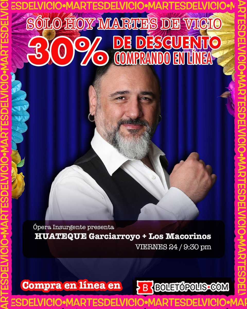 elvicioteatro's tweet photo. Les dejamos hoy todo el día este 30% de descuento para nuestras próximas funciones:

⭐️ JUE 23 / @klezmerson  
⭐️ VIE 24 / HUATEQUE @RGarciarroyo + Los Macorinos
⭐️ SÁB 25 / @VirulitoVirulo 
⭐️ DOM 26 / INSURRECTAS

Consigue tus boletos en https://t.co/csfEL9bLQm https://t.co/qnCX42MaJ0