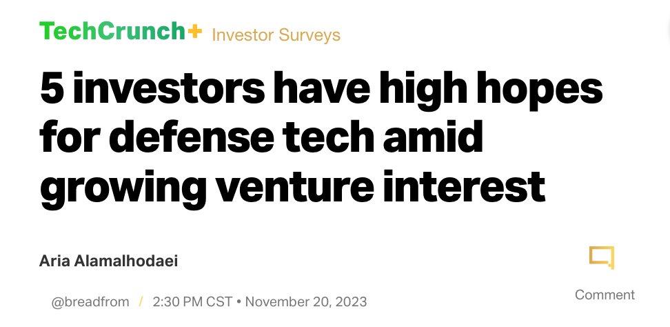 The relationship between U.S. defense and Silicon Valley is undergoing its most profound transformation since the 1950s. I spoke to 5 investors to get their thoughts on this historic shift: @jamoses92, @vc, @davidu, Raj Shah & Josh Manchester techcrunch.com/2023/11/20/def…