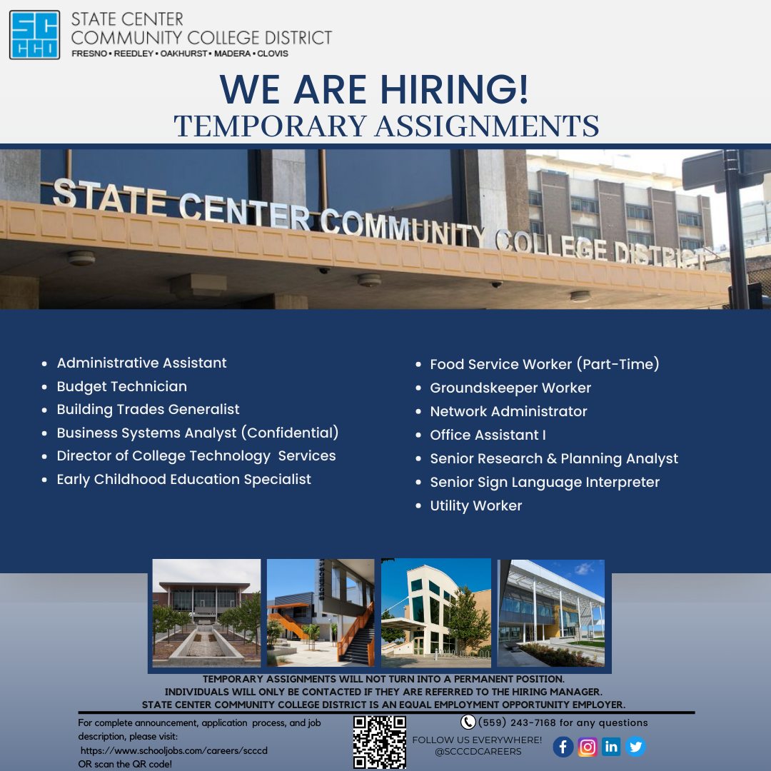 SCCCD's tweet image. Looking for temporary work? Check out the various temporary assignments we are recruiting for throughout SCCCD. Visit schooljobs.com/careers/scccd for more information and to apply! Follow @scccdcareers for more opportunities.

#NowHiring #FresnoJobs #TemporaryWork