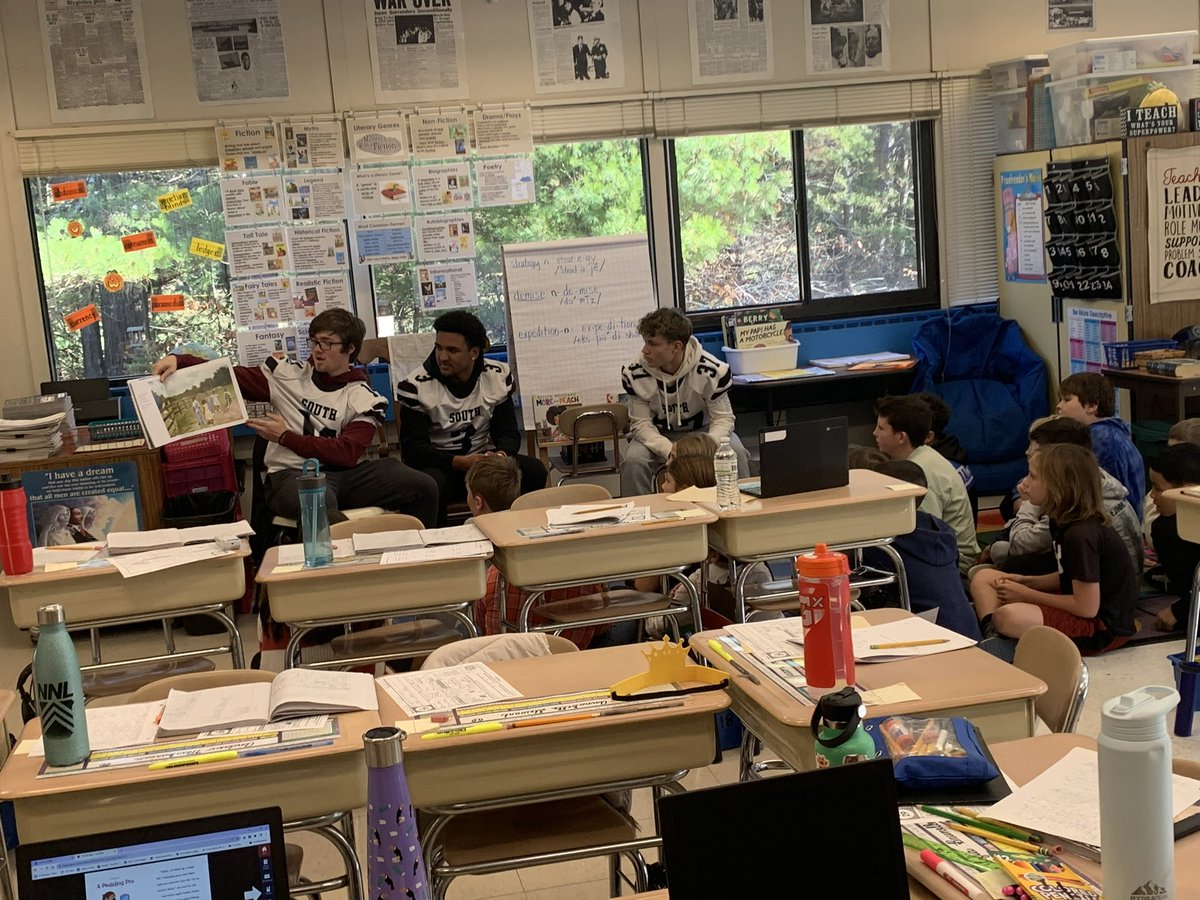 footballpsouth's tweet photo. Thank you to all the local elementary schools who opened their doors to us today for our Thanksgiving reading initiative. Always remember where you came from! @plymouthsouth @DavidWolcott1 https://t.co/wteEkoH2mU