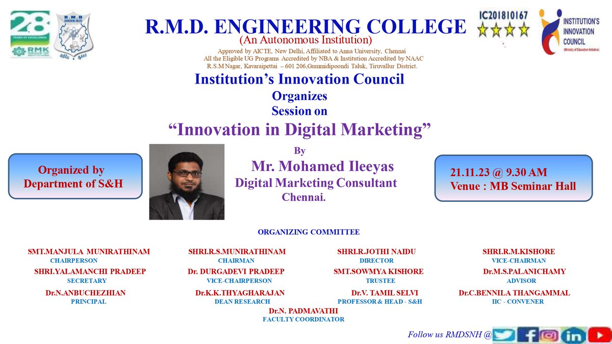 rmdecprincipal's tweet photo. A session on "Innovation in Digital Marketing" is organized by the Institution’s Innovation Council, R.M.D. Engineering College for the Students on Tuesday, 21st November 2023 at 09.30 AM.

#rmdec #rmdengineeringcollege #aicte #innovationcell #digitalamarketing https://t.co/vpEW7zjTjr