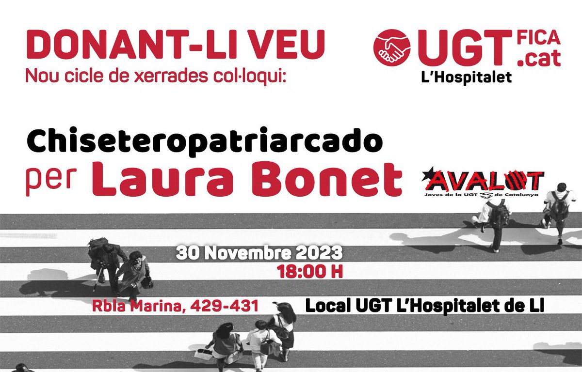 Antonio Cortés (@antncortes) on Twitter photo Bueno bueno bueno…
Ya toca la última charla de este año del ciclo “Donant-li veu” y como colofón traemos a <a href="/lbonetor/">Laura Bonet Oriol</a>, portaveu del <a href="/avalotcat/">Avalot | Sindicat juvenil</a>!
Hablaremos de #Chiseteropatriarcado , juventud y rajaremos un poco :D
✅30 de noviembre
✅ 18 h
✅ Rbla. marina 429 l’h
Venirsus! Bueno bueno bueno…
Ya toca la última charla de este año del ciclo “Donant-li veu” y como colofón traemos a <a href="/lbonetor/">Laura Bonet Oriol</a>, portaveu del <a href="/avalotcat/">Avalot | Sindicat juvenil</a>!
Hablaremos de #Chiseteropatriarcado , juventud y rajaremos un poco :D
✅30 de noviembre
✅ 18 h
✅ Rbla. marina 429 l’h
Venirsus!