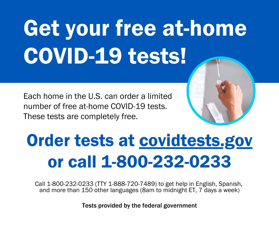 🧪 More free COVID tests are available via USPS! 🧪

Starting today (11/20), each US household can order 4 additional free at-home tests. Order at covid.gov/tests.