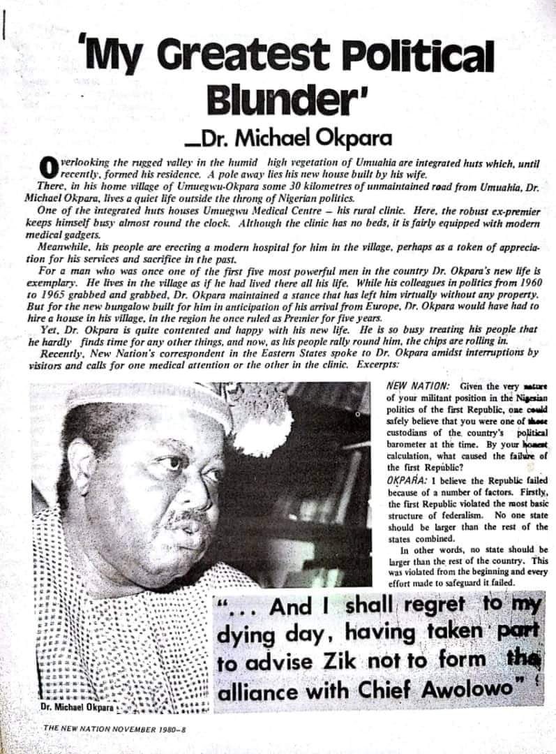 OpeBee's tweet photo. When parliamentary elections were held in Nigeria on 12 December, 1959. The result was a parliament that had no clear majority to form a government. According to the narrative, Zik’s National Council of Nigeria and Cameroon (NCNC) came first with 2,594,577 votes to get 81 seats.
Awolowo’s Action Group (AG), came 2nd with 1,992, 364 votes to get 73 seats.
However,Sir Ahmadu Bello’s Northern People’s Congress (NPC) came a distant 3rd with 1,922,179 votes to get 134 of the 312 seats in the House of Representatives, despite getting fewer public votes.
The above three major political parties in the election could not get enough seats to form a government so an alliance had to be formed to determine who would rule Nigeria.

It was a no brainer that Zik’s NCNC and Awolowo’s Action Group should make a coalition government as they came first and second respectively.
Chief Awolowo even humbled himself and volunteered to be a deputy prime minister or finance minister in a coalition government with Zik as the Prime Minister. This was because Zik’s NCNC party had more public votes and seats than Awolowo’s Action Group.
Zik invited Awolowo’s team to Asaba, the gateway between the Yoruba’s western region and the Igbo’s Eastern region to hold coalition talks.
The talk was a clever ruse to keep Action Group hopes high, so that the party could be kept distracted from meeting with other minor parties for talks. Other junior parties included: Northern Elements Progressive Union with 8 seats: Mobolaje Grand Alliance with 6 seats: Igala Union with 4 seats: Independents Candidate with 4 seats: Igbira Tribal Union with 4 seats and the Niger Delta Congress with 1 seat. 
While the Action Group(Awolowo) team was waiting in Asaba for a meeting with the NCNC, they read in the newspapers that Zik and the NCNC had gone up North and clinched a deal with Ahmadu Bello on forming a coalition government with the Northern People’s Congress (NPC).
Tafawa Balewa, from a minority ethnic group in the Northern Nigeria, would be the Prime Minister of Nigeria, while ZIk would be a ceremonial, Governor-General. 
Even the President of Ghana, Dr. Nkrumah was shocked. He asked why ZIk, having expended so much energy, “fighting for colonial emancipation, settled for a toothless bulldog role when Nigeria needed him the most?”. 

Again, before the run up to the elections in 1979, Nnamdi Azikiwe had promised chief  Awolowo that “he was not going to run for presidency and would throw his weight behind him”. This made obafemi Awolowo choose an Igbo man as his running name (Philip Umaedi). Shortly after Awolowo had announced his presidential election, Zik made a U turn and declared for the same position he promised Chief Awolowo he would not contest and picked a northerner as his running mate (Ishaya Audu). What was the result, shagari won the Election by winning 9 states, Awolowo won 5 states and Zik won 3 states( with what was merely wasted votes).

The reality is that, had Zik not reneged on his promise, Awolowo would have had a chance at winning or at the very least force a re run. 

Well let me stop here, the rest is history, but certain group of people call Yorubas betrayers. What do they mean?. When and how did the Yorubas betray the SE ?. Who exactly is the betrayer ?
