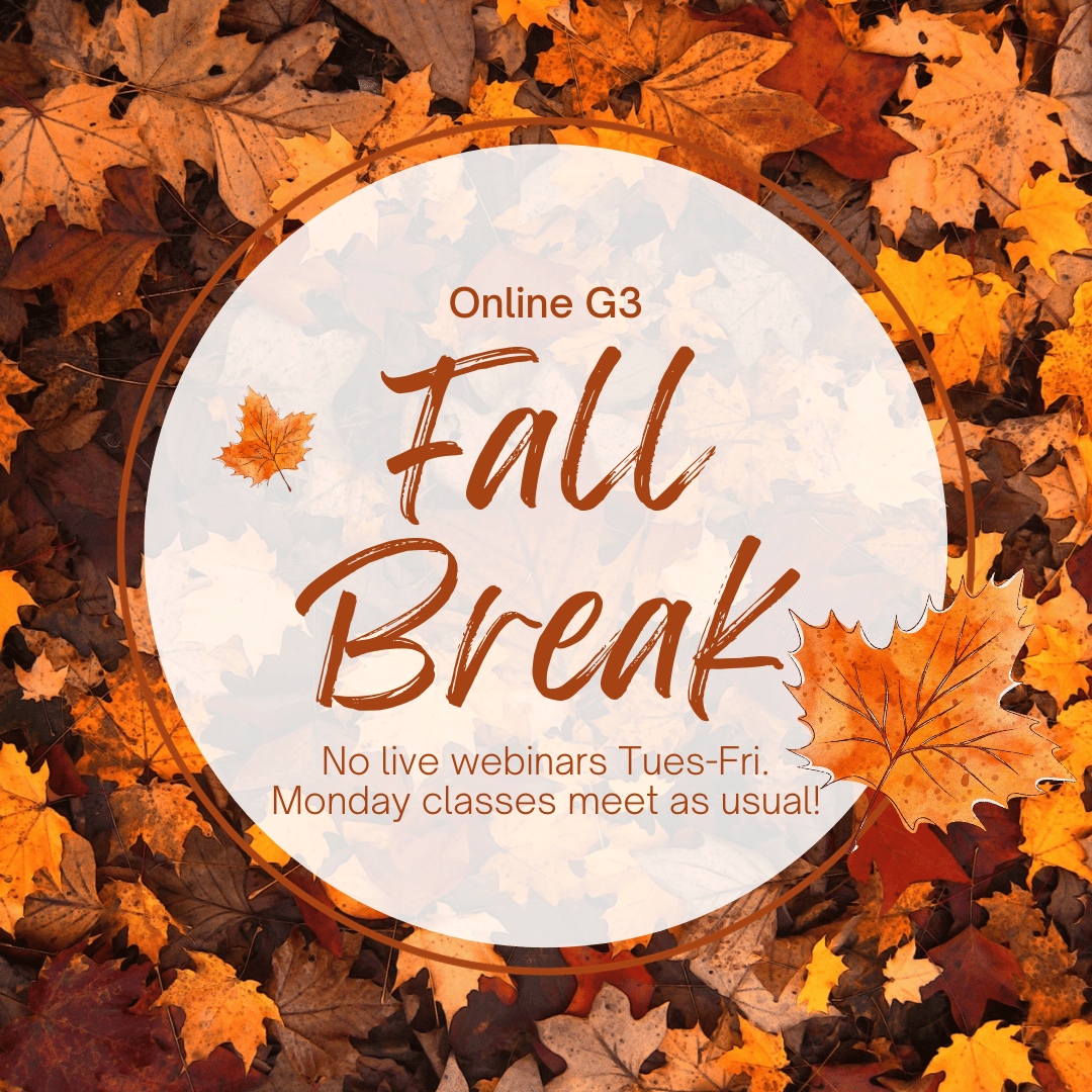 OnlineG3's tweet photo. Fall Break starts TOMORROW! 

Monday classes meet as usual. Tuesday through Friday classes take a break for the U.S. Thanksgiving holiday.

#onlinelearning #homeschooling #homeschoollife #giftedhomeschoolers https://t.co/R9s2xnWzI3