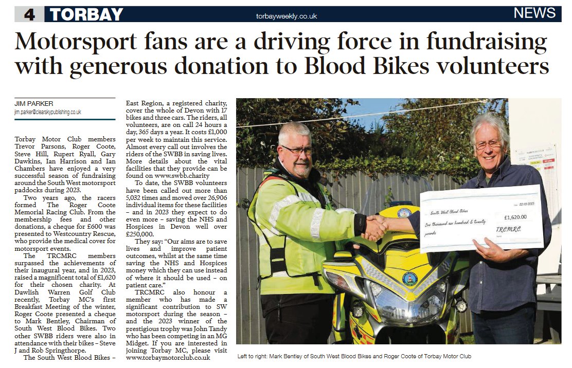 A great article in the Torbay Weekly regarding a fabulous donation of £1620, presented by Torbay Motor Club Ltd to South West Blood Bikes Chairman Mark Bentley.

Thank you all 👏👏

#charityofchoice #support #donationsmakeadifference #thankyou  #supportingthenhs💙