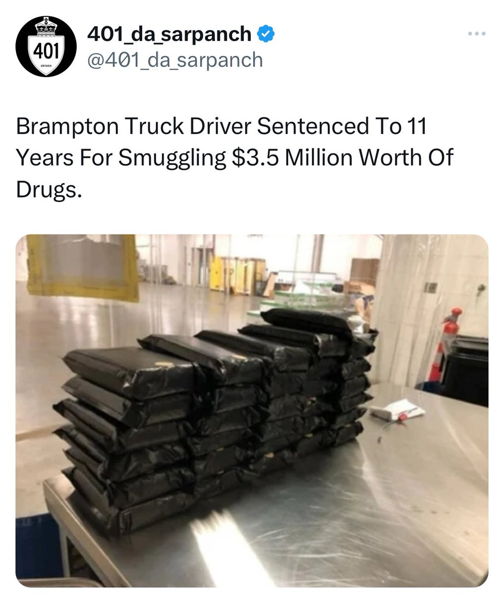 401_da_sarpanch's tweet photo. A Toronto-area truck driver has been sentenced to 11 years in prison for smuggling $3.5 million of cocaine into Canada via the Blue Water Bridge near Sarnia.

Harvinder Singh, then a 25-year-old trucker from Brampton, was arrested March 31, 2021, at the span linking Port Huron, Mich., and Point Edward after Canada Border Services Agency officers found two suitcases containing about 62 kilograms of cocaine while inspecting his tractor-trailer.

Photo Via: ( CBSA )
Article: ( The Observer )
