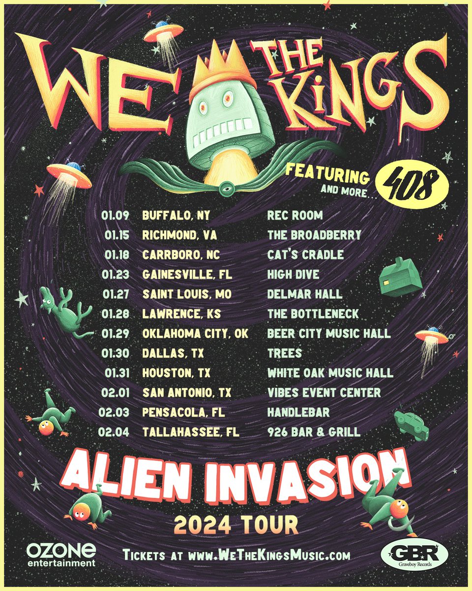 WeTheKings's tweet image. Hey! Alien Invasion Tour coming in 2024 featuring @408band! Tickets are on sale Wednesday! Where will we see you!?