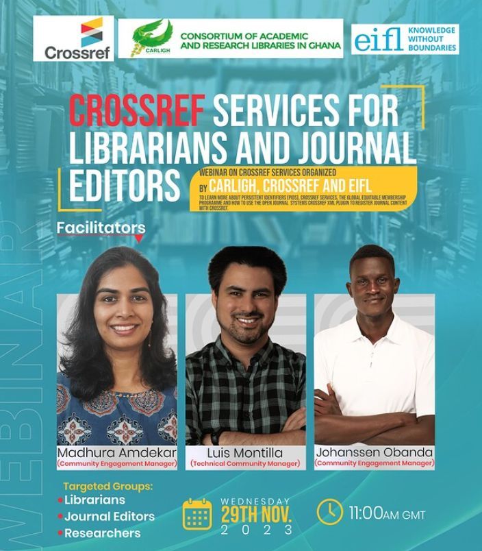 Join our webinar, Crossref Services for #Librarians and #JournalEditors, with @CARLIGHa @EIFLnet, @phanerosis75 on Nov 29 at 11 am GMT! Learn about PIDs, Crossref services, and more. Register now! buff.ly/3QUsydY