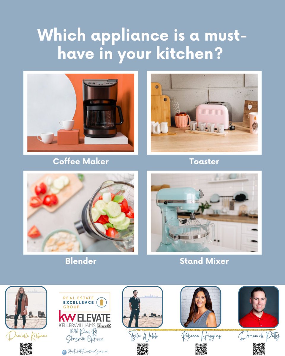 Which of these kitchen appliances is a must-have in your home? 

#kitchenessentials #homecooking #appliancedebate #kitchentalk #kitchenappliances #kitchengadgets #YourCLERealtor #RealEstateExcellenceGroup #KellerWilliamsElevate #KW #TopProducer