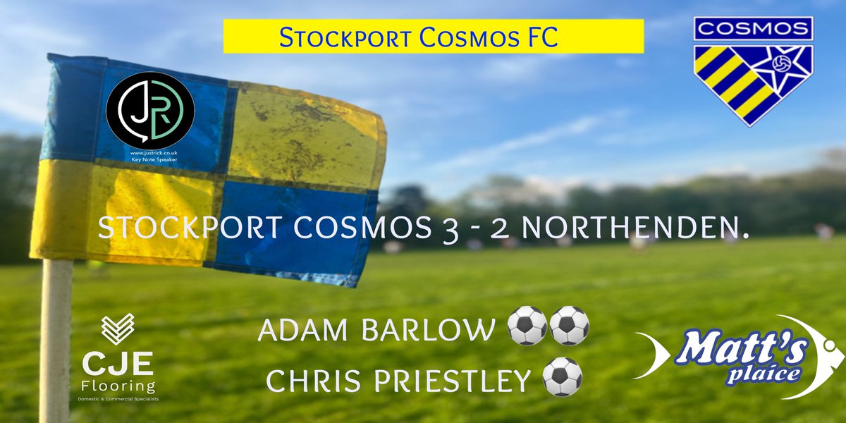 StockportCosmos's tweet photo. Full Time: Stockport Cosmos 3 - 2 Northenden. 

Highly competitive encounter yesterday between last seasons Div 3 Champions and Runners Up. Adam Barlow with 2 and a Chris Priestley bullet header sealing the points and sending Cosmos up to 2nd. https://t.co/1IIIxHfqWV