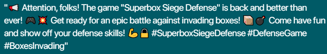 YellowishRules's tweet image. So, #Aria arrived on #OperaGX arrived.
So, I tested it to make a post about #SuperboxSiegeDefense that came back.
Here it is.
📢 Attention, folks! The game "Superbox Siege Defense" is back and better than ever! 🎮💥 Get ready for an epic battle against invading boxes! 📦💣