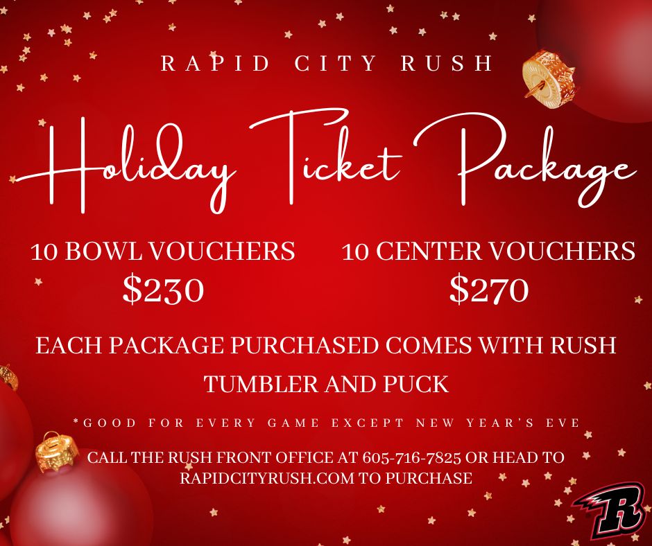 Ready to get a stocking stuffer out of the way? 🎁 give the gift of Rush tickets! We have a holiday ticket package up for grabs from now until December 30th! 

Call the Rush front office or head to our website to get yours ➡️ rapidcityrush.com/holiday-ticket…