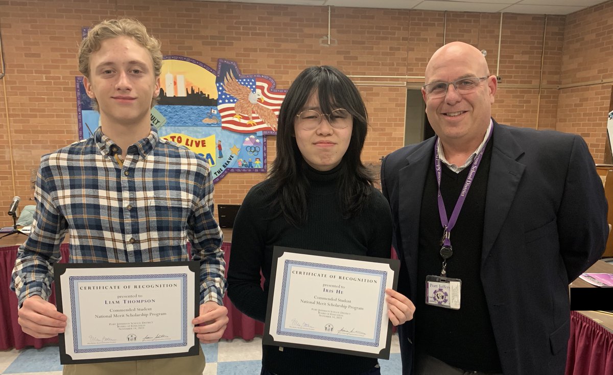 Seniors Iris He and Liam Thompson were honored by the BOE on Nov. 14. The two are among the four who were named Commended Students in the National Merit Scholarship Program. Principal John Ruggero also congratulated seniors Gavin Onghai and Katherine Ranjbar. #PortJeffProud