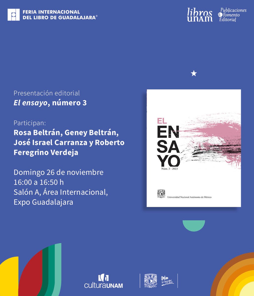 librosunam's tweet photo. 🤩 El tercer volumen de #ElEnsayo, títulos nuevos de la colección #MaterialdeLectura y poesía en lengua ch’ol llegan a @FILGuadalajara. Nos acompañan @RosaBeltranA, @JI_Carranza, @neponita, @GuadalupeAlonso, Canario de la Cruz, @carmenvilloro, @AntonioOrtugno y @munozoliveira.📚 https://t.co/A7MWXFciWj