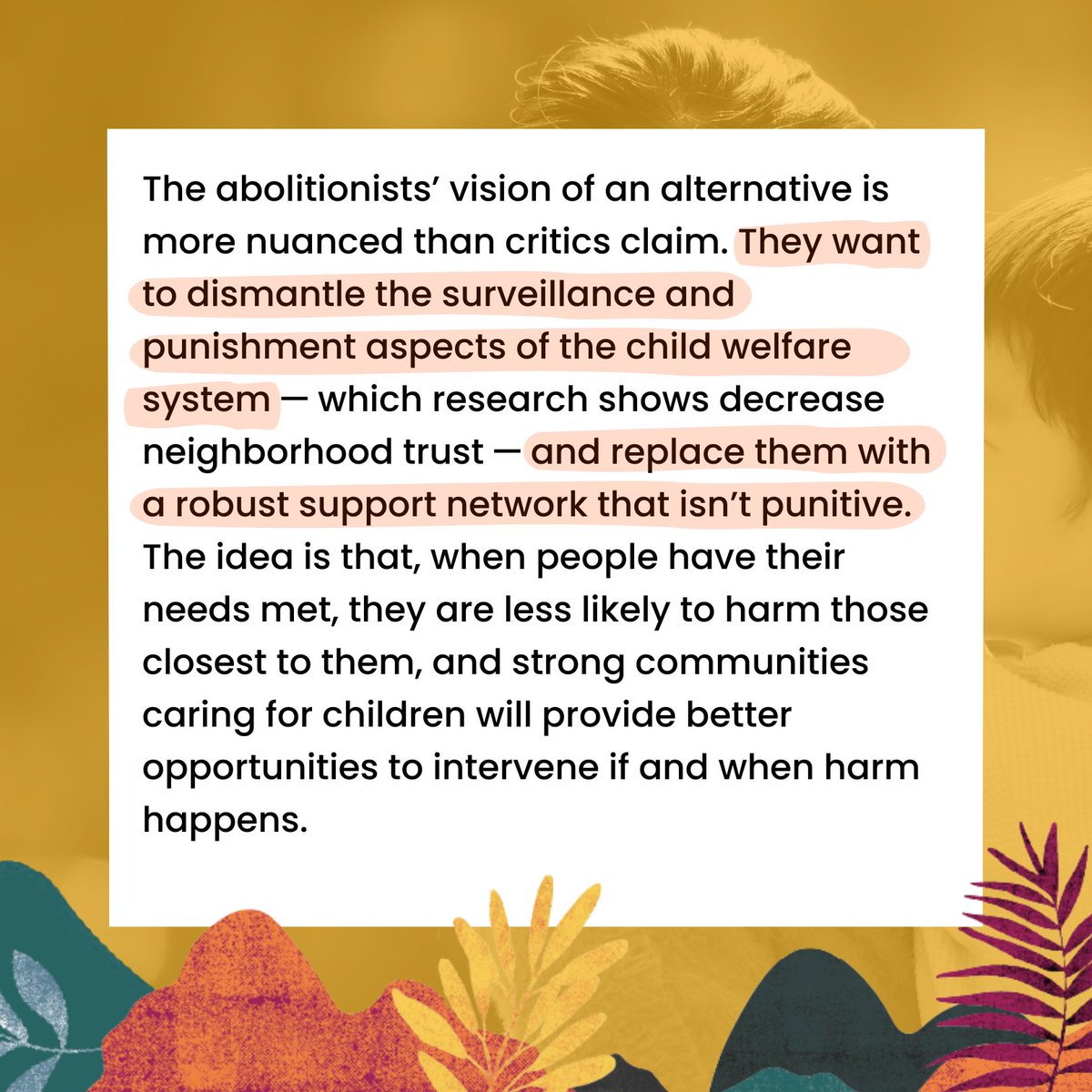 The #childwelfare system doesn’t make children safer. <a href="/strawburriez/">Vienna Myers</a> shines light on how the system not only fails to help children in need, but also perpetuates cycles of abuse and violence within predominantly Black and brown families.  

👉 Article: inthesetimes.com/article/child-…