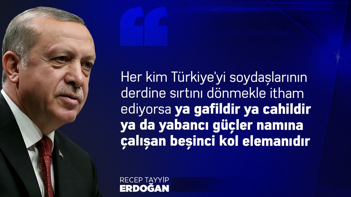 Cumhurbaşkanı Recep Tayyip Erdoğan:

Millete Sesleniş;Her kim Türkiye'yi soydaşlarının derdine sırtını dönmekle itham ediyorsa ya gafildir ya cahildir ya da yabancı güçler namına çalışan beşinci kol elemanıdır.

#GazaChildGenocide
Cumhurbaşkanlığı Kabinesi Erdoğan Tuğgeneral Togg