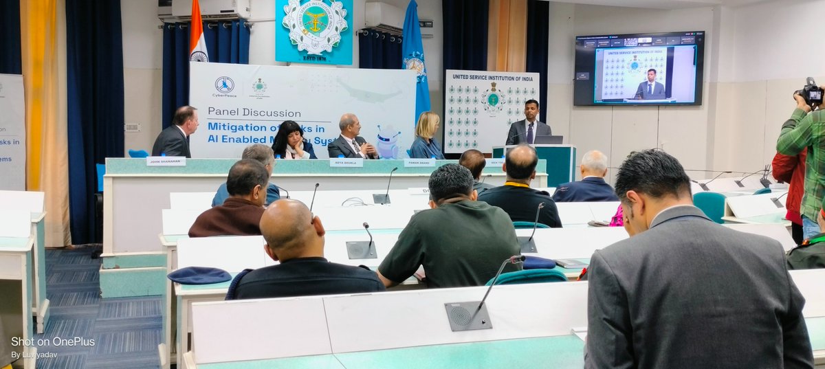 USIofIndia's tweet image. USI of India in collaboration with #CyberPeace Foundation organized  Panel Discussion: 'Mitigation of Risks in #AI-Enabled Military Systems.' 
DG USI in welcome address lauded INHR's efforts for "doing a yeomen service in the domain of artificial intelligence"
#Indianarmedforces