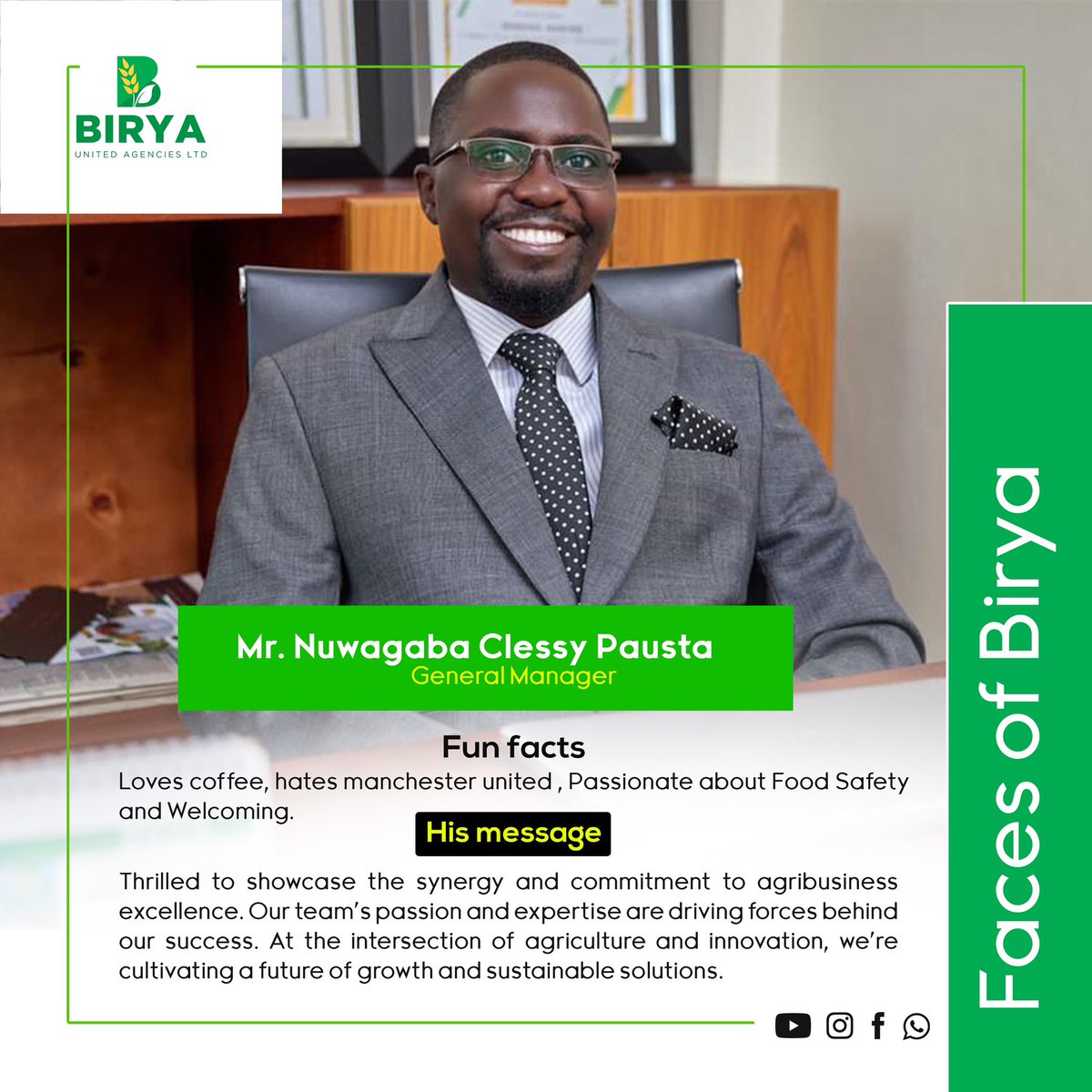 Behind the scenes of our agribusiness triumphs stands Mr. <a href="/PaustaClessy/">Pausta Clessy</a>, the maestro orchestrating excellence in #FoodSafety, milling, warehousing, and advancing Quality Assurance and Management Systems. 

Visit us at biryaunited.co.ug for more details