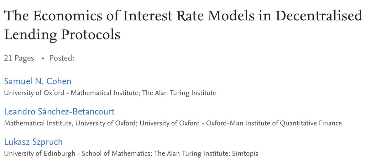 New research from Simtopia team!  papers.ssrn.com/sol3/papers.cf…

We study the basic economics underlying the utilization-based interest rates in decentralised lending and how the interest rate model can be updated to give a desired level of utilisation.