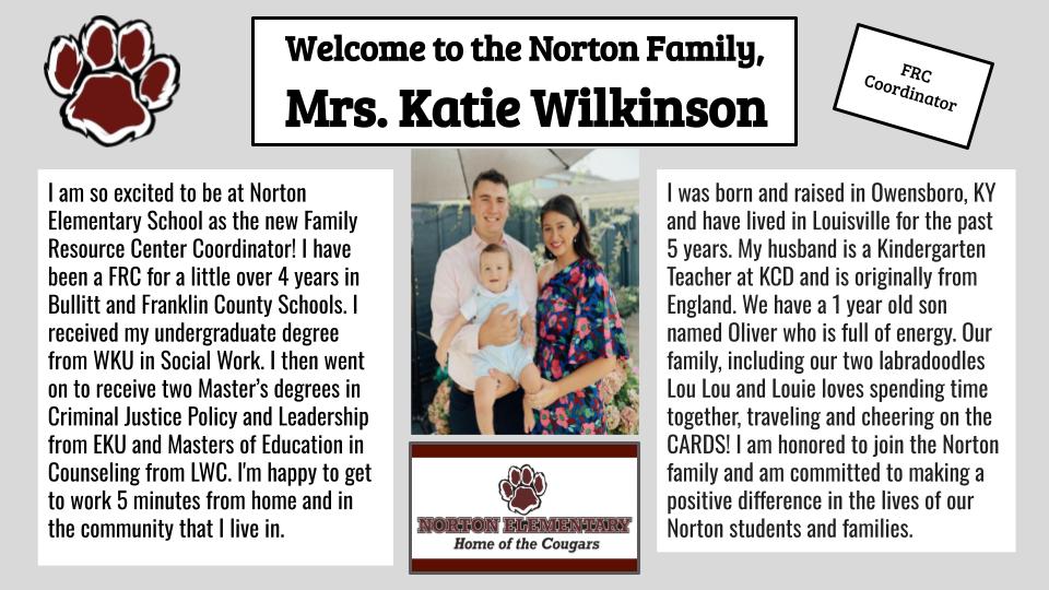 Please join us in welcoming Mrs. Katie Wilkinson as our new Family Resource Coordinator! We are so happy you have joined the Norton family! <a href="/JCPSKY/">JCPS</a>