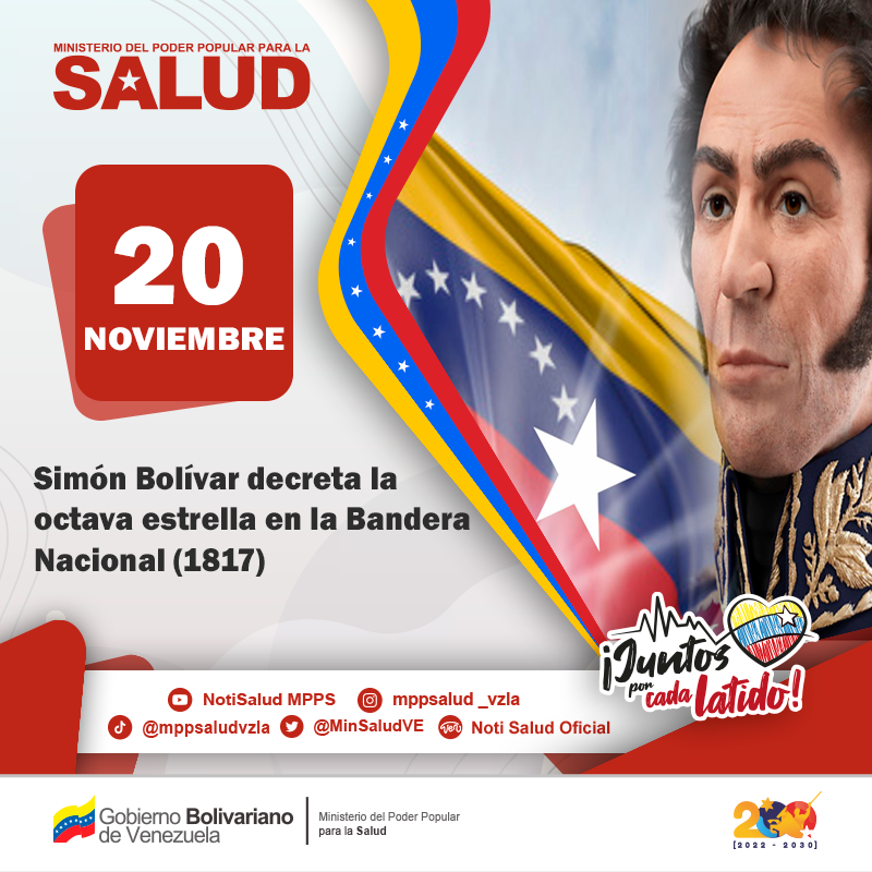 MinSaludVE's tweet photo. #Efemeride 🗓️ ||#TalDiaComoHoy #20Nov Hace 206 años, El Libertador Simón Bolívar, decreta que se le añada la octava estrella al Tricolor Nacional, en honor a la Provincia de Guayana.
#JuntosPorCadaLatido #ExitosoSimulacroPorVenezuela
@NicolasMaduro
@MagaGutierrezV https://t.co/GBoloPIEQt