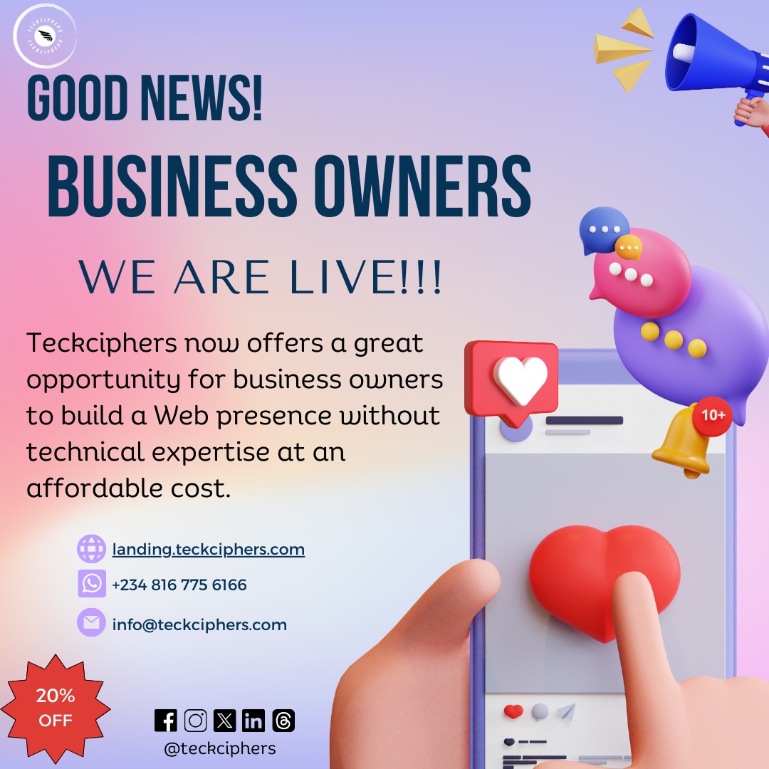 teckciphers's tweet photo. Improve your business brand with Teckciphers Autolanding – the ultimate website solution for small and medium-scale business owners. Explore https://t.co/NhuGJd1qWG now and redefine your digital presence.
#Teckciphers #LandingPage #DigitalPresence #Entrepreneurs #BusinessOwners https://t.co/Ab6ZOEQ5Hr