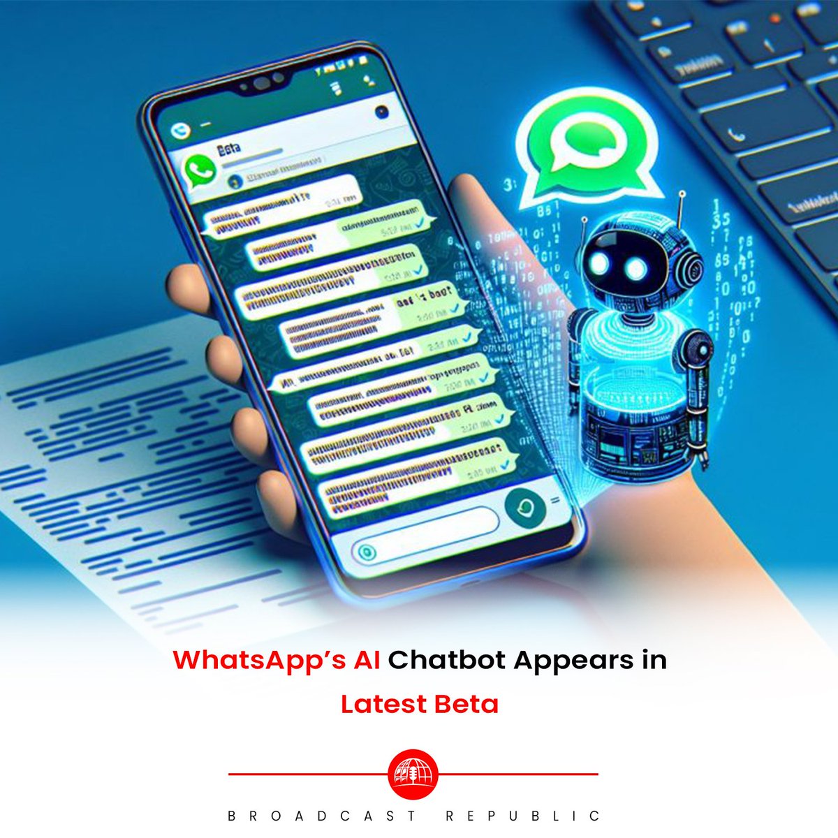 The latest beta version of WhatsApp (2.23.24.26) reveals the much-anticipated AI chatbot, as noted by the team at WABetaInfo. 

#BroadcastRepublic #WhatsAppBeta #AIChatbot #TechNews #UserExperience #MetaUpdates #SocialMediaTech #WhatsApp