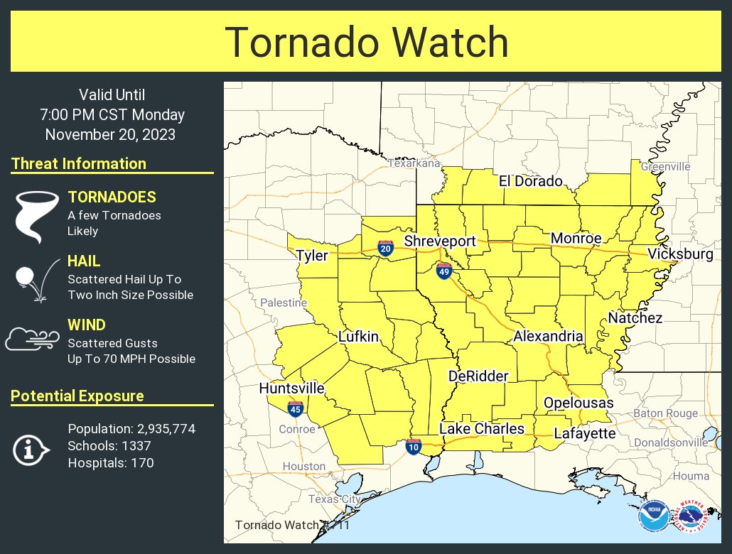 A tornado watch has been issued for parts of Arkansas, Louisiana and Texas until 7 PM CST