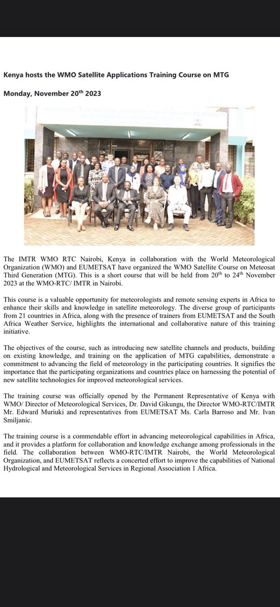Kenya Met Department π°πͺ (@meteokenya) on Twitter photo π°οΈ πExciting news! The <a href="/wmortcnairobi/">IMTR</a>, in collaboration with <a href="/WMO/">World Meteorological Organization</a> and <a href="/eumetsat/">EUMETSAT</a>, kicks off the WMO Satellite Course on Meteosat Third Generation (MTG) from Nov 20-24. Meteorologists & experts from 21 African countries converge to enhance their skills in satellite meteorology. π π°οΈ πExciting news! The <a href="/wmortcnairobi/">IMTR</a>, in collaboration with <a href="/WMO/">World Meteorological Organization</a> and <a href="/eumetsat/">EUMETSAT</a>, kicks off the WMO Satellite Course on Meteosat Third Generation (MTG) from Nov 20-24. Meteorologists & experts from 21 African countries converge to enhance their skills in satellite meteorology. π