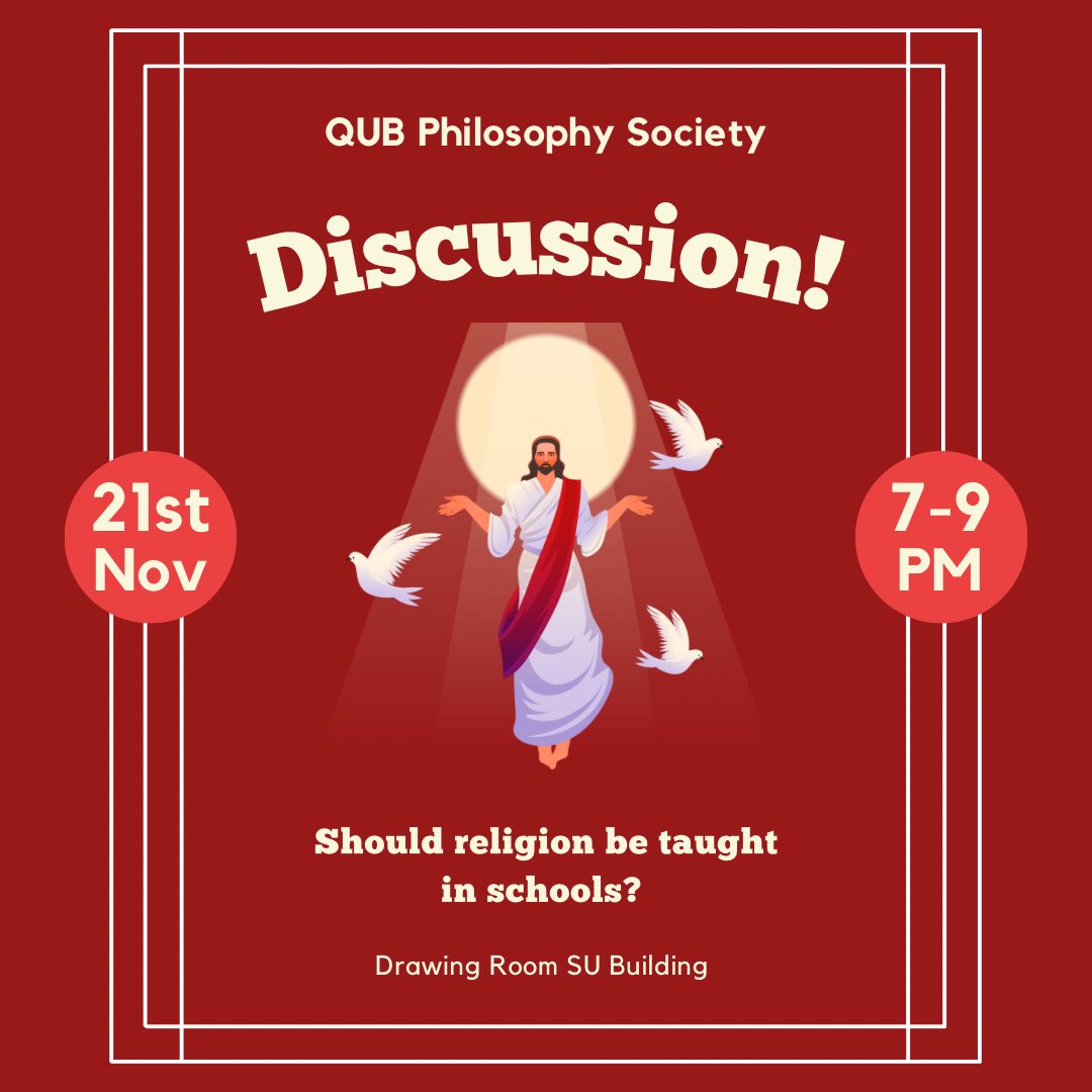 QUBPhilSoc's tweet photo. We’re alive! 

For all you X fans who haven’t seen our posts via Instagram, Facebook, or email, we’ve had a busy semester over in PhilSoc! 

Tomorrow we’ll be in the SU Drawing room discussing “Should religion be taught in schools?” https://t.co/U06XDR1QVH