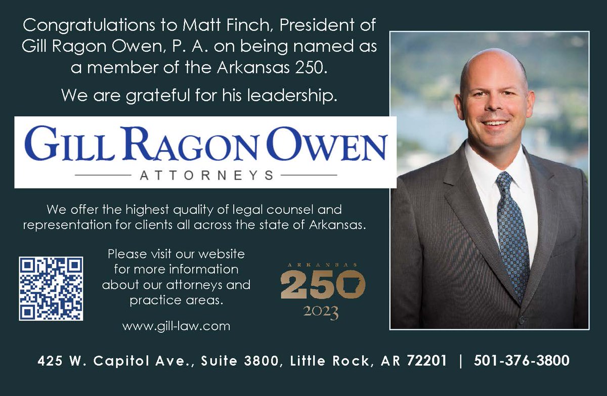 GillRagonOwen's tweet photo. Congratulations to our firm president, @MBF05, for being selected as one of Arkansas' Most Influential Leaders in 2023 as found in a special addition to #ABPG called "Arkansas 250." #Arkansas250 https://t.co/u6BOVF5cGL https://t.co/DEyRBwyFZy