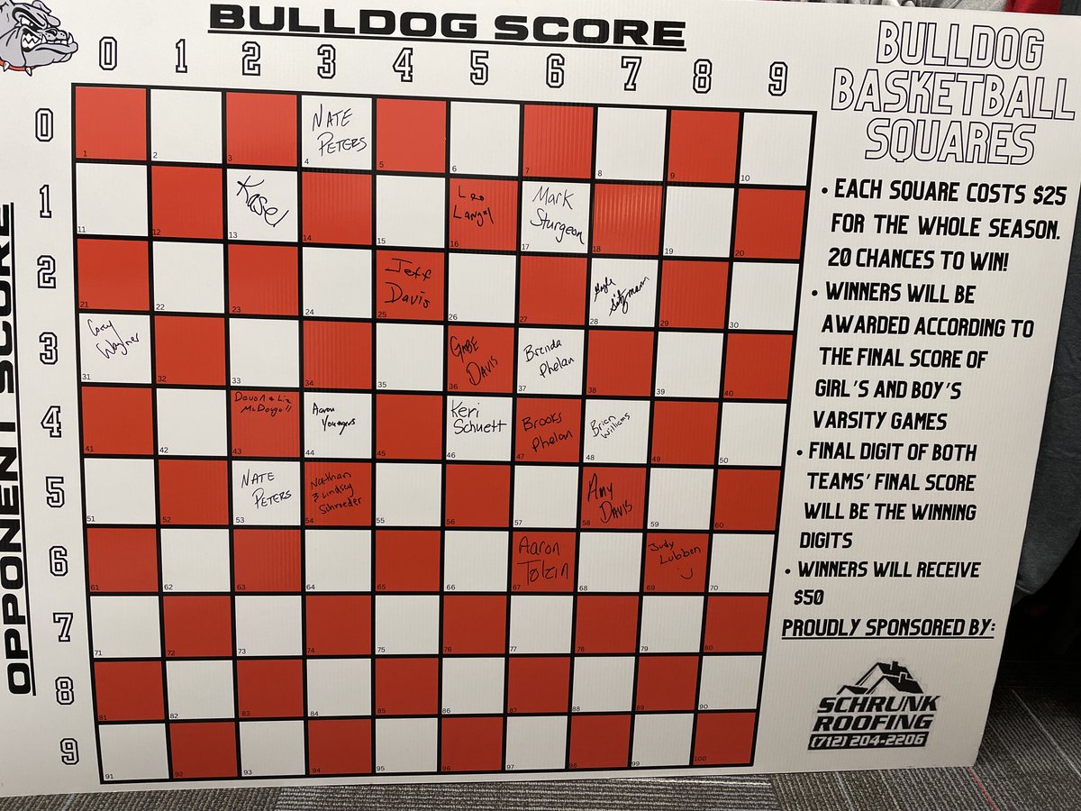 FUN new way to support the Boosters.  $25/square.  After each G/B home V BB game, the winning square will receive $50.  20 chances to win!  See Nate &amp; Jason at all V home games to purchase your square.
S/O to Jason Schrunk of Schrunk Roofing for sponsoring this new activity.