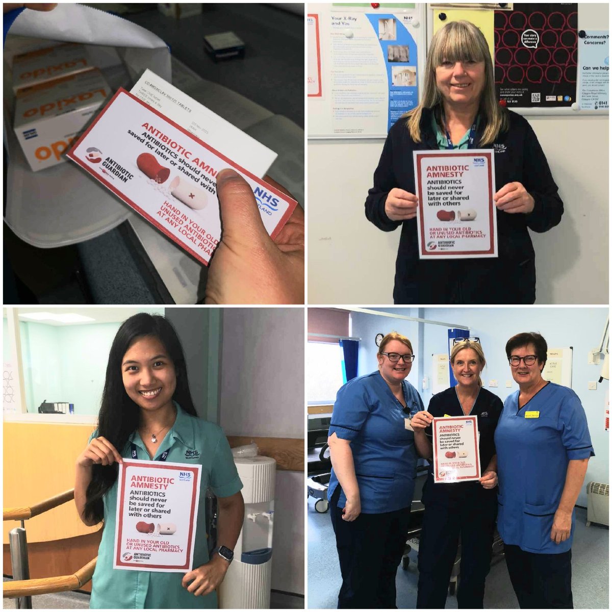 Promoting #AMS & 🌍 #sustainability highlighting the important 🏴󠁧󠁢󠁳󠁣󠁴󠁿 #WAAW theme #AntibioticAmnesty with #patients & staff at #RAH today visiting #outpatients, #ED, #xray and #dental 

@NHSGGCPharmacy @NHSGGC @AntibioticScot @SAPGAbx @PharmDeclares @SharonPfleger @RPSScotland