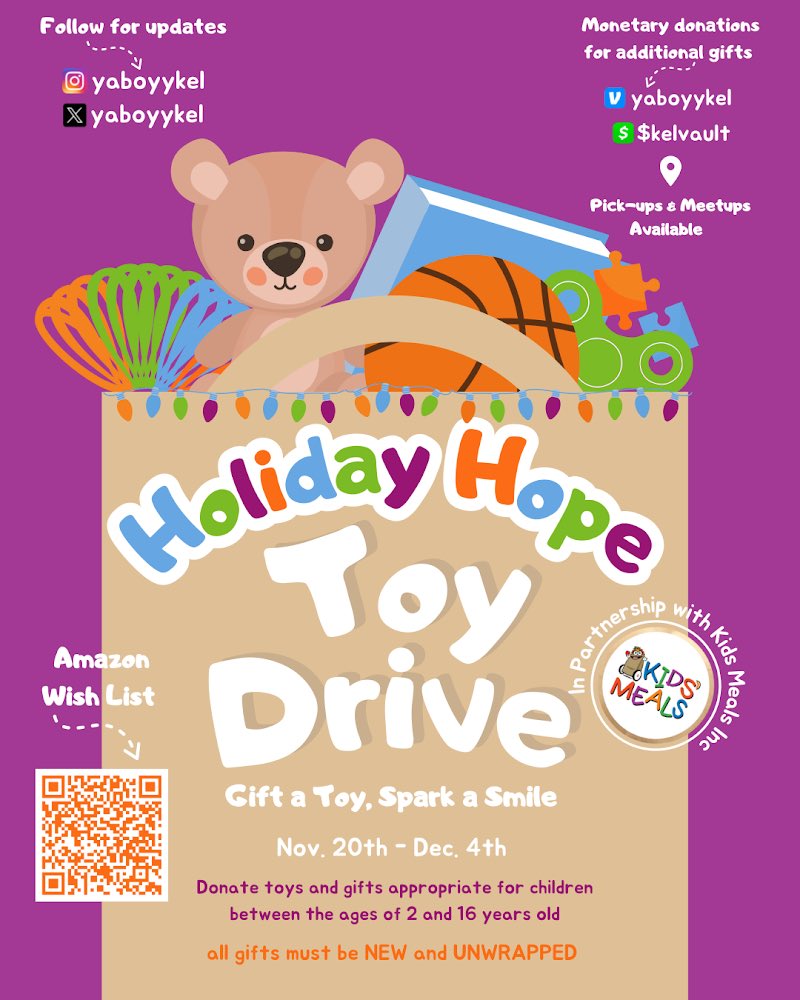 yaboyykel's tweet photo. Gift a Toy, Spark a Smile 🧸

Together, we can be the magic in a child’s world. 

Join me in teaming up with @KidsMealsInc and let’s make this season a little brighter, one toy at a time.

#HolidayHopeHouston 🎁 https://t.co/C3pqEKiuiZ