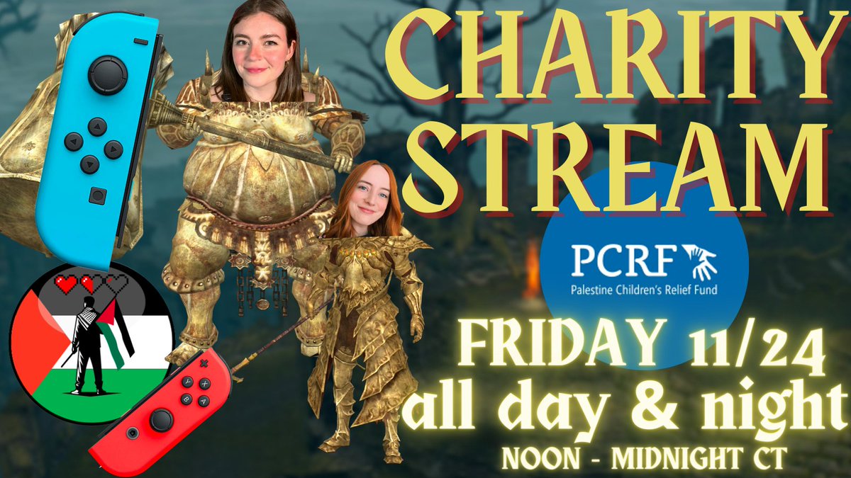 JessicaBoddy's tweet image. THIS FRIDAY!!!!! ME AND @ohlinds ARE BACK AT IT AGAIN!!!!!

we will be playing dark souls 1 on the switch, each holding one joycon

raising money for @ThePCRF as a part of operationGAMER, organized by the wonderful @CapriSunnPapi 

SEE YOU FRIDAY NOON TO MIDNIGHT CT 🇵🇸