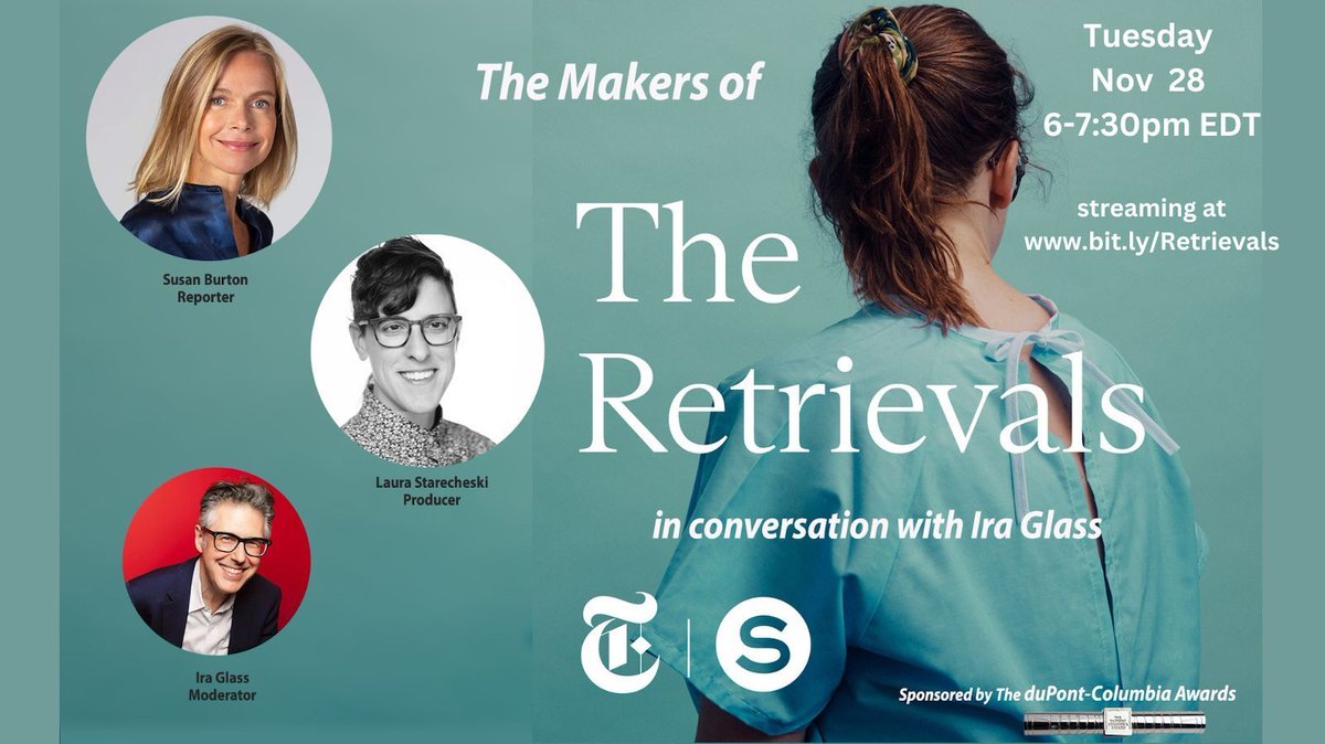 .@iraglass will host a conversation with @burtonsusan and @starecheski about the making of 'The Retrievals.' Sponsored by The duPont-Columbia Awards @columbiajourn, streaming online Nov. 28 at 6pm ET. bit.ly/49Nur4O