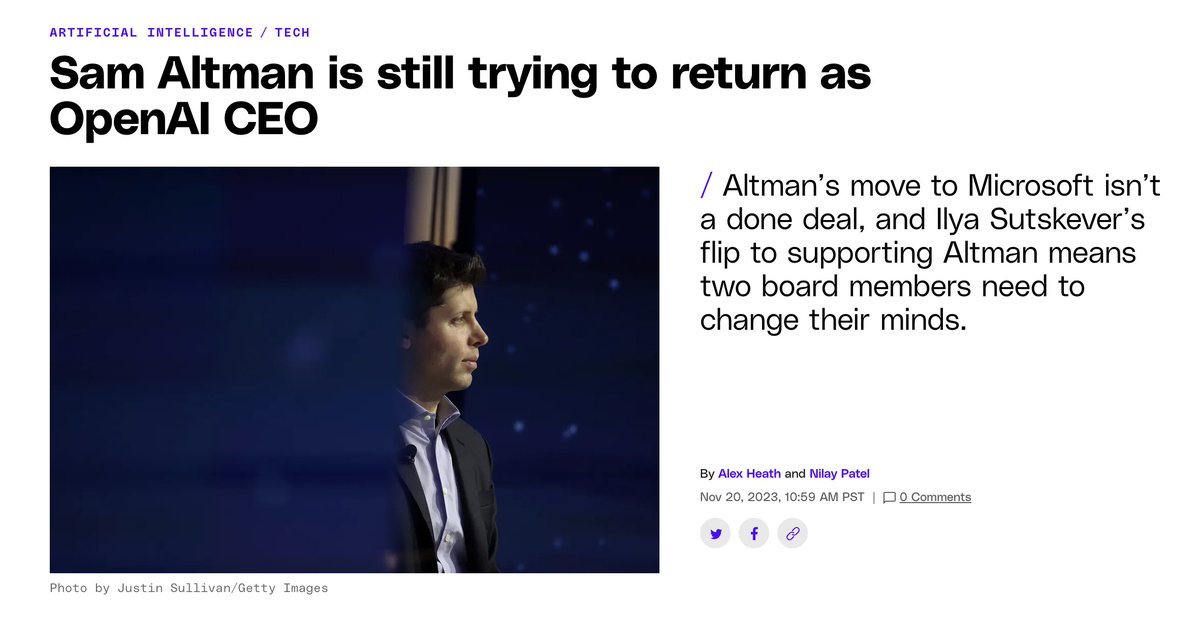 rowancheung's tweet image. UPDATES: Sam Altman is still trying to return as OpenAI CEO.

The Microsoft deal is not yet finalized.

Ilya Sutskever has also flipped to support Altman, but two more board members must change their minds for Sam Altman and Greg Brockman to return.