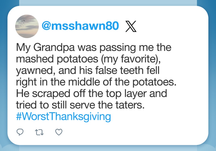 vernondentures's tweet photo. #TheTonightShow starring #JimmyFallon asked people to tweet examples of their #WorstThanksgiving – one person offered this perfect example of why #DentureFit is essential. 😯If your denture is loose, call your denturist to schedule a fit check! https://t.co/xww2xylKin