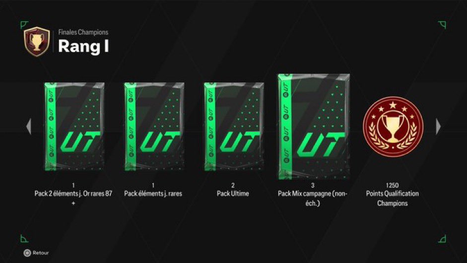🚨UPDATE RÉCOMPENSES FUT🚨

💥Nouveau PACK « MIX CAMPAGNE » qui s’ajoute aux récompenses Futchampion 💥

C’est comme les SBC PARTY BAG (non échangeable)🤯

- 11 wins = 1 pack
- 14 wins = 1 pack
- 16 wins = 2 pack
- 18 wins = 2 pack
- 19 wins = 3 pack