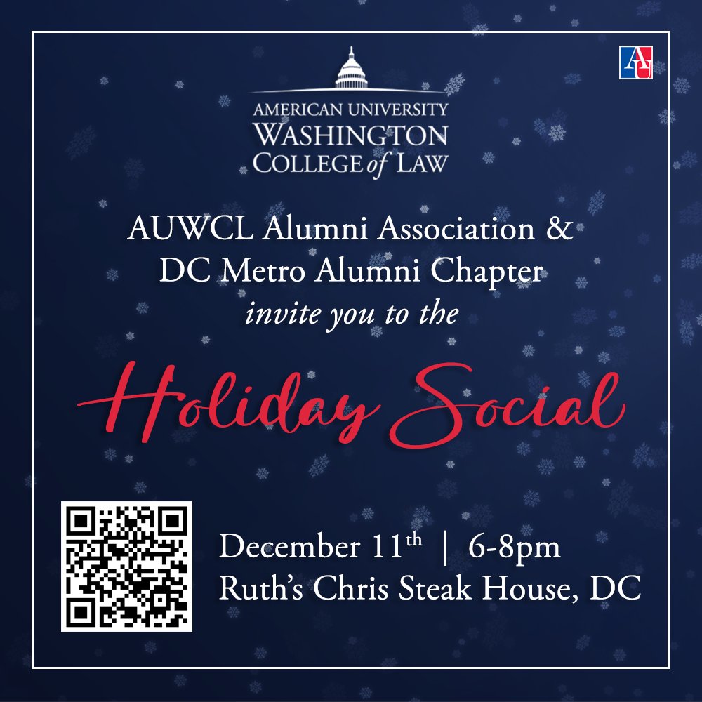 American University Washington College of Law (@auwcl) on Twitter photo Join <a href="/AUWCL_alumni/">AUWCL_alumni</a> & DC Metro Alumni Chapter for the DC Holiday Social on December 11, 6-8 pm, at Ruth's Chris Steak House, 21st & L Street NW, Washington, DC 20036. We hope to see you there! Register at: tinyurl.com/AUWCL-DCALUM Join <a href="/AUWCL_alumni/">AUWCL_alumni</a> & DC Metro Alumni Chapter for the DC Holiday Social on December 11, 6-8 pm, at Ruth's Chris Steak House, 21st & L Street NW, Washington, DC 20036. We hope to see you there! Register at: tinyurl.com/AUWCL-DCALUM