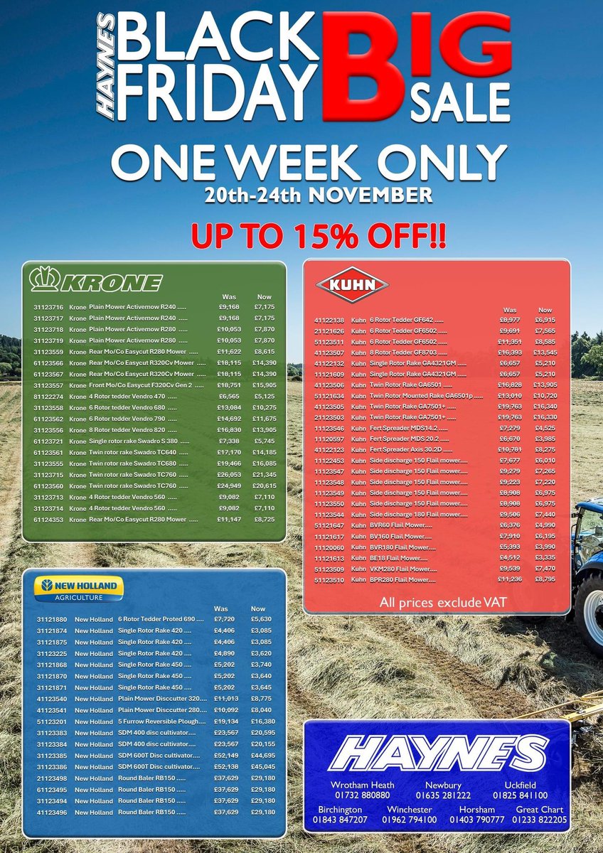 Don't miss out on our biggest Black Friday sale ever! These unbeatable prices won't come around again. Act swiftly – these one-time-only offers are valid for this week only on selected stock. 
Once they're gone, they're gone! 
 <a href="/KUHN_UK/">KUHN Farm Machinery</a> <a href="/KroneUK/">Krone UK</a> @NHAG_UKandROI
